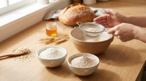 Hands sift semi-whole wheat flour into a bowl on a bright kitchen counter, surrounded by white flour, oats, wheat, and a fresh bread loaf in the background.