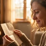 A woman reads a love letter, a tear of gratitude on her cheek, bathed in warm golden light from a window.