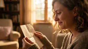 A woman reads a love letter, a tear of gratitude on her cheek, bathed in warm golden light from a window.
