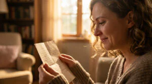 A woman reads a love letter, a tear of gratitude on her cheek, bathed in warm golden light from a window.