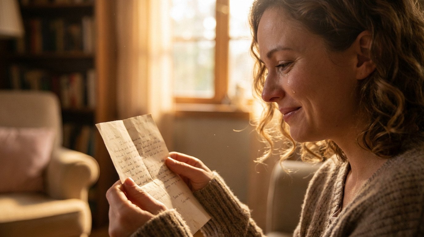 A woman reads a love letter, a tear of gratitude on her cheek, bathed in warm golden light from a window.