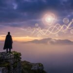 A figure on a cliff at twilight watches glowing crypto symbols and financial graphs emerge from a cosmic light source, symbolizing wealth insight. Time 19:19.