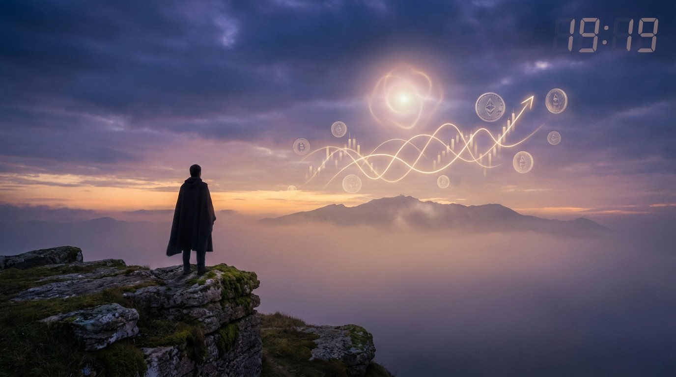 A figure on a cliff at twilight watches glowing crypto symbols and financial graphs emerge from a cosmic light source, symbolizing wealth insight. Time 19:19.