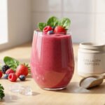 Pink berry collagen smoothie with fresh berries, kale, spinach, ice, and collagen powder on a light counter, bathed in natural light.