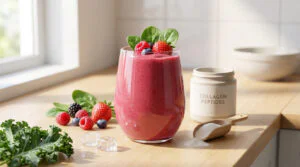 Pink berry collagen smoothie with fresh berries, kale, spinach, ice, and collagen powder on a light counter, bathed in natural light.