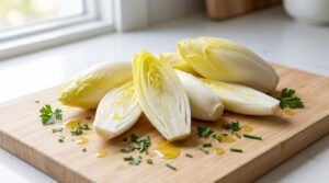Fresh, crisp endives, whole and sliced to show pale yellow and white interior, on a wooden board with olive oil and herbs.