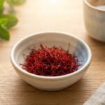 Close-up of vibrant red saffron threads in a ceramic bowl on wood, with blurred mint leaves and steaming herbal tea in background.