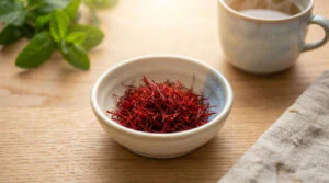 Close-up of vibrant red saffron threads in a ceramic bowl on wood, with blurred mint leaves and steaming herbal tea in background.