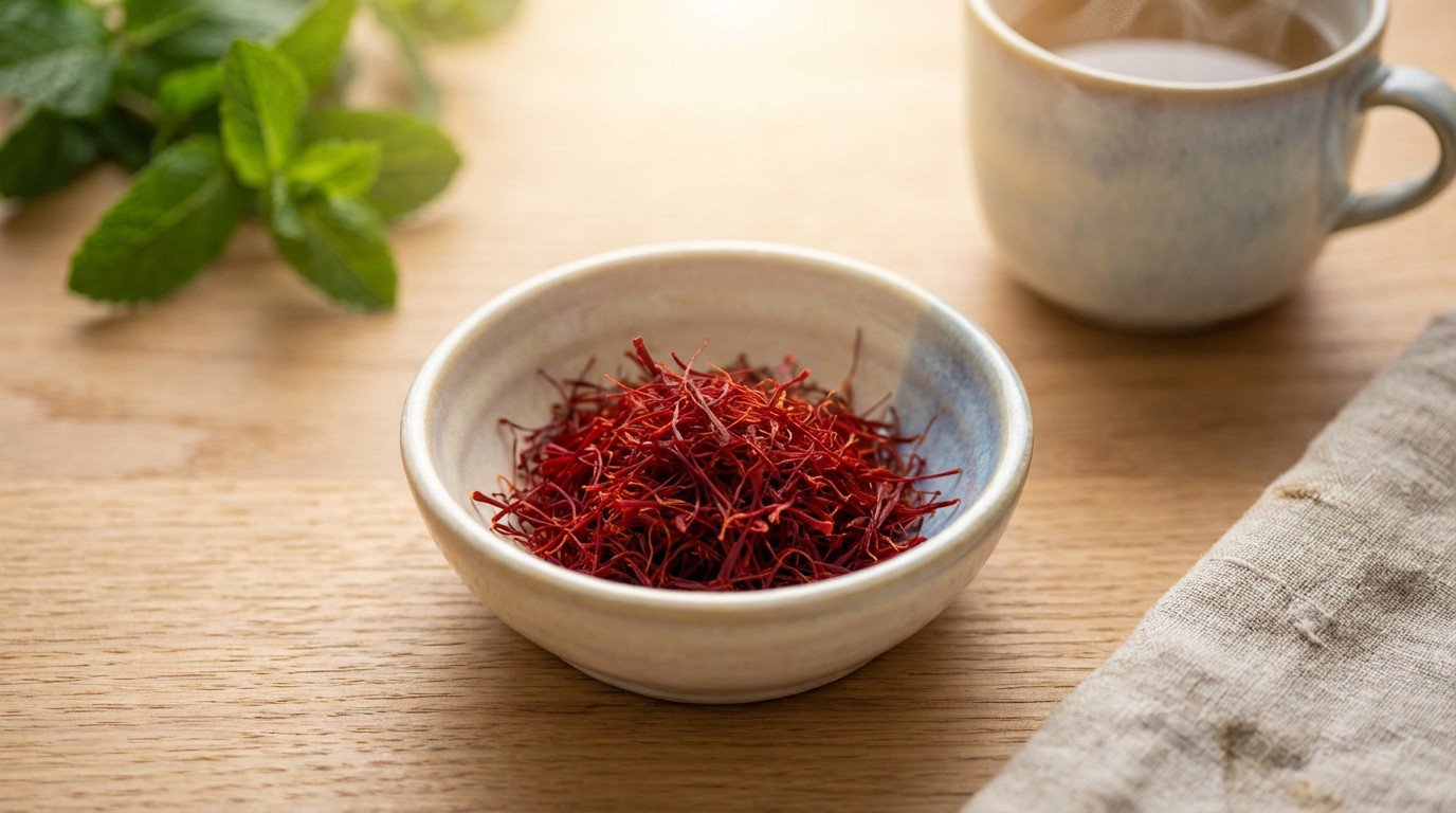 Close-up of vibrant red saffron threads in a ceramic bowl on wood, with blurred mint leaves and steaming herbal tea in background.