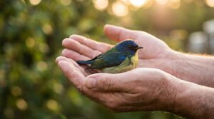 Close-up of a vibrant blue, green, and yellow songbird resting calmly in cupped hands, against a soft, blurred natural background.