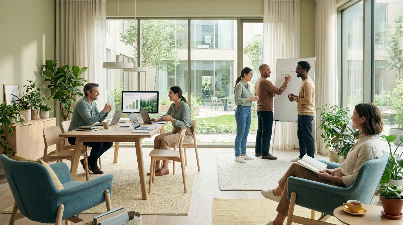 Diverse team collaborating in a bright, modern office with natural light and plants. People are smiling, working on laptops, and using a whiteboard.