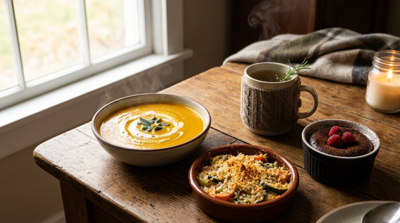 Still life of comforting winter dishes: pumpkin soup, veggie bake, chocolate dessert with raspberries, and herbal tea on wood.