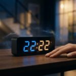 Sleek digital clock showing 22:22 with ethereal blue/amber glow. A hand rests next to it. Blurred tranquil room with cosmic light patterns.