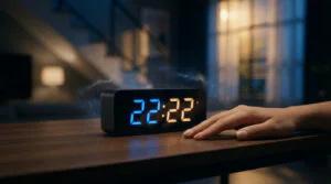 Sleek digital clock showing 22:22 with ethereal blue/amber glow. A hand rests next to it. Blurred tranquil room with cosmic light patterns.