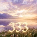 Le nombre angélique 333 brillant au-dessus d'un lac paisible entouré de montagnes au lever du soleil, avec des lueurs célestes.