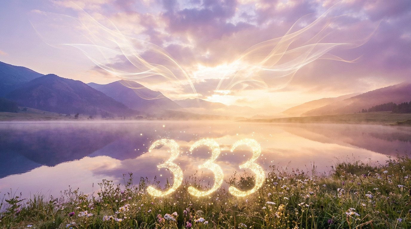 Le nombre angélique 333 brillant au-dessus d'un lac paisible entouré de montagnes au lever du soleil, avec des lueurs célestes.