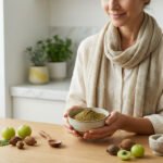 A serene woman holds a bowl of Triphala powder. Ayurvedic fruits, mortar, and spoon are on a light wooden table in natural light.
