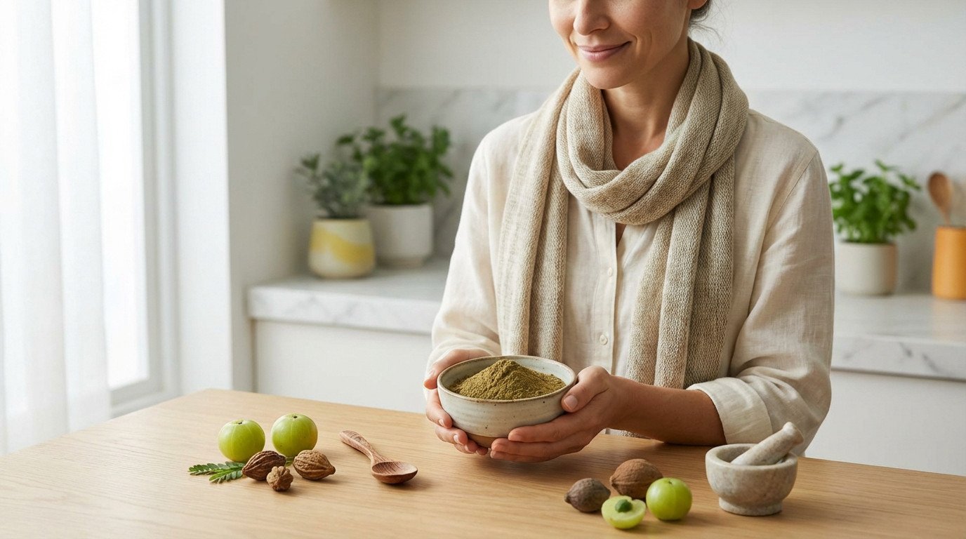 A serene woman holds a bowl of Triphala powder. Ayurvedic fruits, mortar, and spoon are on a light wooden table in natural light.