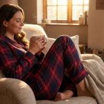 Femme souriante en pyjama écossais rouge et bleu, assise confortablement dans un fauteuil, tenant une tasse fumante près d'un feu de cheminée.