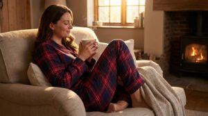 Femme souriante en pyjama écossais rouge et bleu, assise confortablement dans un fauteuil, tenant une tasse fumante près d'un feu de cheminée.
