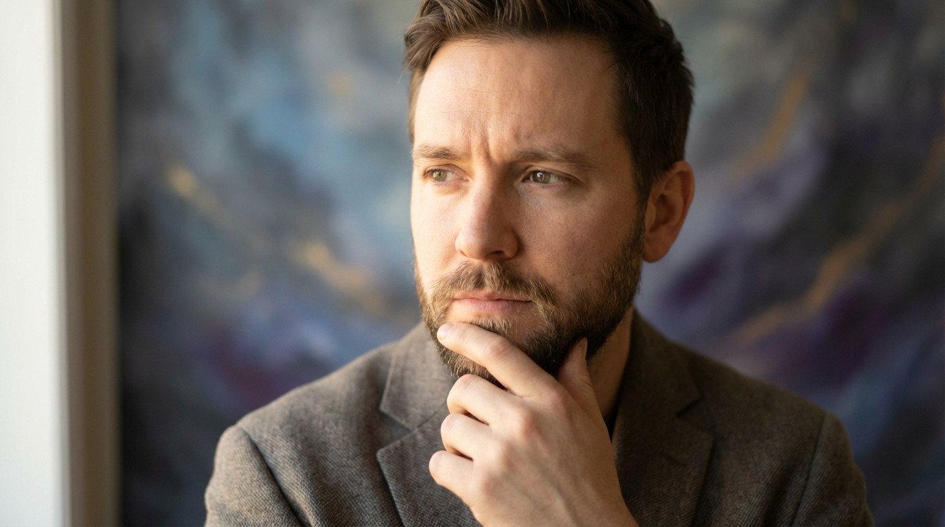 Homme barbu pensif, la main sur le menton, regardant hors cadre avec un fond abstrait flou.