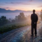 Personne de dos sur un chemin terreux illuminé de chiffres et de symboles numérologiques, face à un paysage montagneux brumeux.