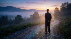 Personne de dos sur un chemin terreux illuminé de chiffres et de symboles numérologiques, face à un paysage montagneux brumeux.