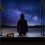 Figure watches a starry night sky with nebula from a modern room. A digital clock displaying 22:22 is in the foreground.