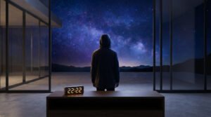 Figure watches a starry night sky with nebula from a modern room. A digital clock displaying 22:22 is in the foreground.