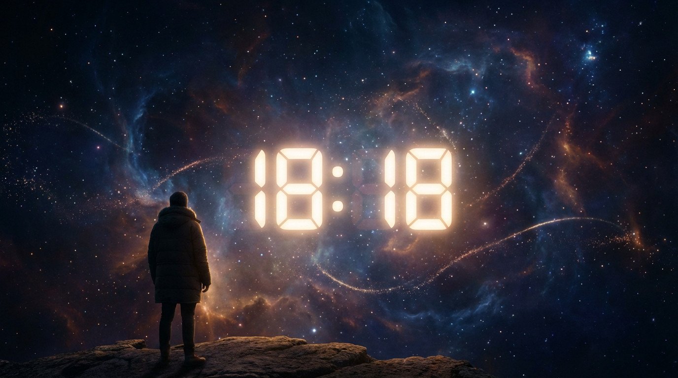 Person views glowing 18:18 digital clock in cosmic scene with nebulae and stars, conveying introspection and mystery.
