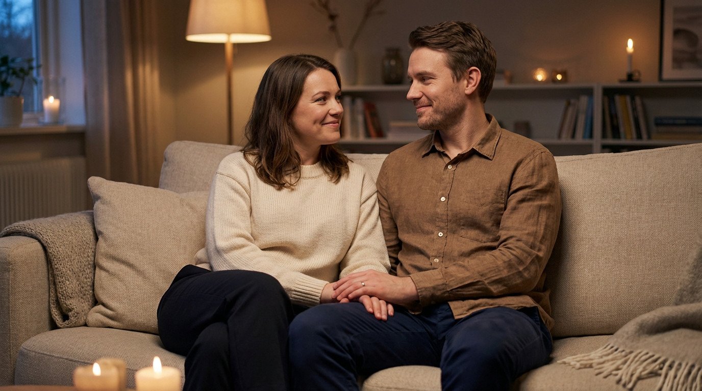 A couple in smart casual attire, smiling and holding hands on a couch in a softly lit living room, conveying love and security.