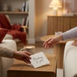 Close-up of hands exchanging a 'Thinking of you' card and coffee with a heart design on a wooden table in a warm, modern living room.
