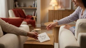 Close-up of hands exchanging a 'Thinking of you' card and coffee with a heart design on a wooden table in a warm, modern living room.