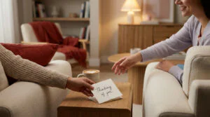 Close-up of hands exchanging a 'Thinking of you' card and coffee with a heart design on a wooden table in a warm, modern living room.