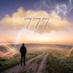 A person stands on a winding path at dawn, facing a horizon with '777' glowing in the sky. Symbolic lights of love, prosperity, and spiritual awakening surround them.
