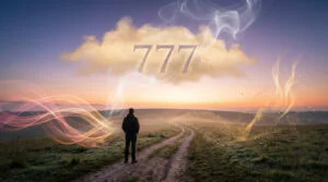 A person stands on a winding path at dawn, facing a horizon with '777' glowing in the sky. Symbolic lights of love, prosperity, and spiritual awakening surround them.