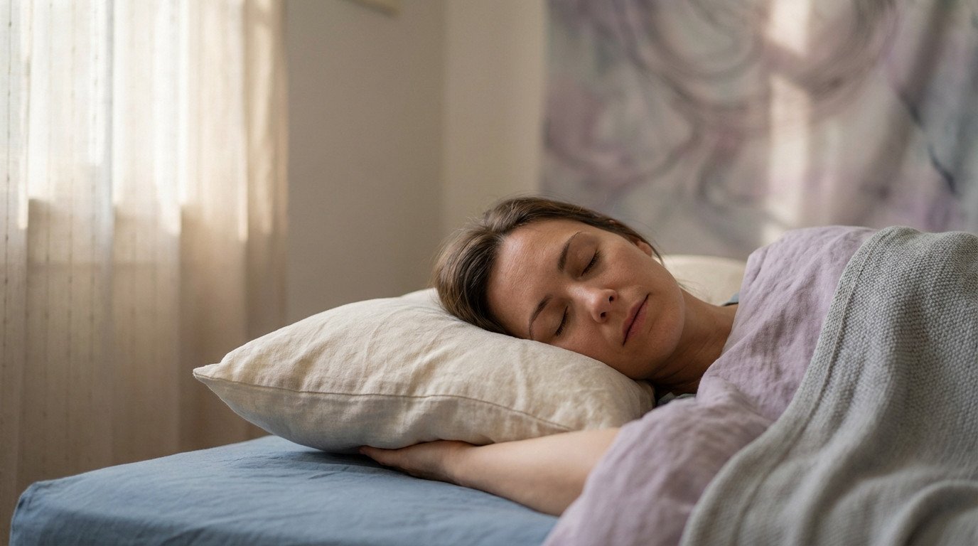 Une femme aux yeux fermés dort paisiblement sur le côté, la tête sur un oreiller clair, sous une couverture lilas.