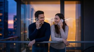 A man and woman on a balcony at dusk, holding smartphones to their ears and smiling warmly at each other, with light trails connecting their phones.