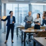 A confident leader gestures at a large digital screen showing glowing data patterns, while a diverse team observes and collaborates in a modern office.