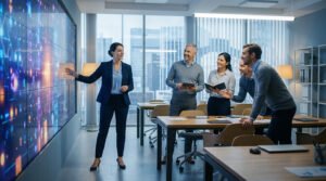 A confident leader gestures at a large digital screen showing glowing data patterns, while a diverse team observes and collaborates in a modern office.