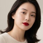 Close-up portrait of an East Asian woman with luminous skin, elegant dark hair, and vibrant red lips, against a soft, blurred background.