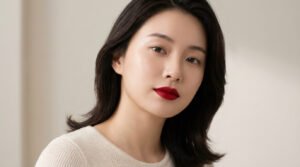 Close-up portrait of an East Asian woman with luminous skin, elegant dark hair, and vibrant red lips, against a soft, blurred background.