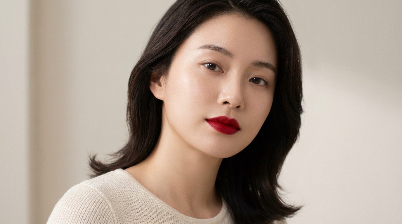 Close-up portrait of an East Asian woman with luminous skin, elegant dark hair, and vibrant red lips, against a soft, blurred background.