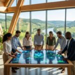 Diverse team in an eco-friendly co-working space, interacting with glowing data visualizations on a digital table, overlooking a verdant landscape.