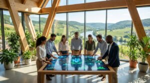Diverse team in an eco-friendly co-working space, interacting with glowing data visualizations on a digital table, overlooking a verdant landscape.