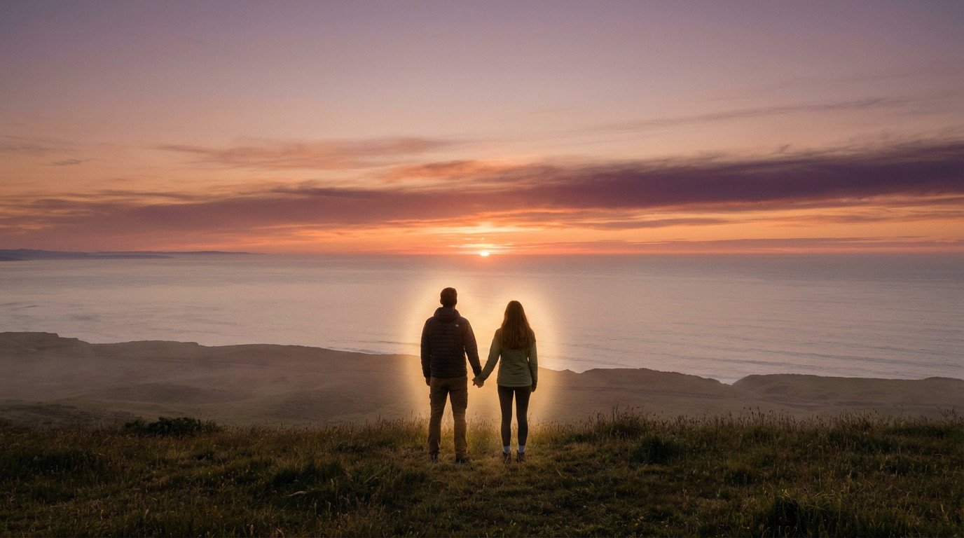 Un couple vu de dos se tient la main, contemplant un magnifique coucher de soleil sur l'océan, entouré d'une aura lumineuse.
