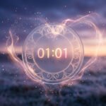 Ethereal clock showing 01:01, glowing golden-pink, surrounded by shimmering heart-shaped light against a blurred blue-purple dawn landscape.