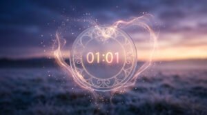 Ethereal clock showing 01:01, glowing golden-pink, surrounded by shimmering heart-shaped light against a blurred blue-purple dawn landscape.