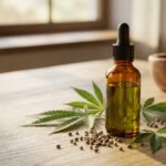 Bouteille d'huile de CBD, feuilles et graines de chanvre sur une table en bois, avec un mortier en arrière-plan.