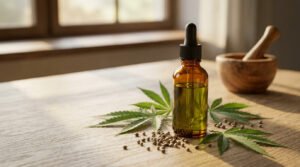 Bouteille d'huile de CBD, feuilles et graines de chanvre sur une table en bois, avec un mortier en arrière-plan.